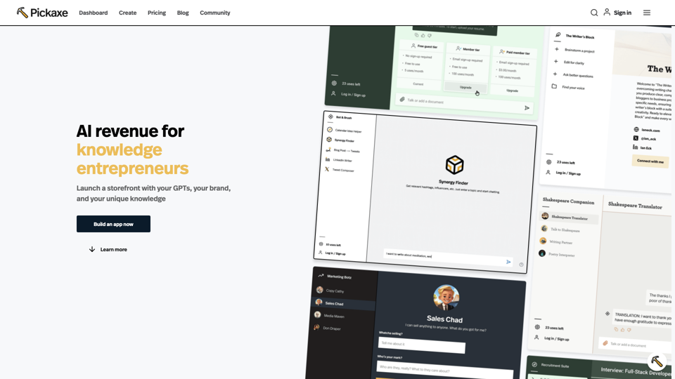 Pickaxe | Build, Share, and Manage AI Apps site's screenshot