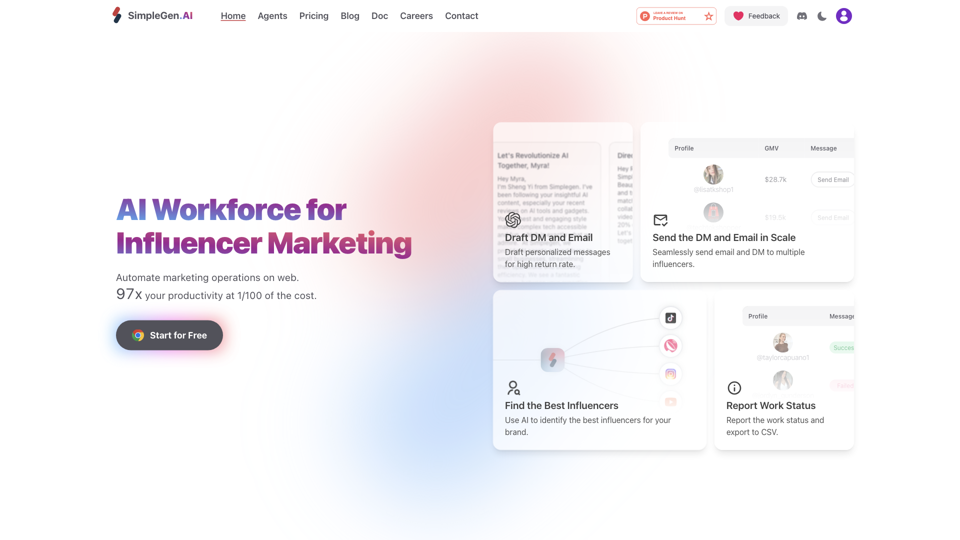 SimpleGen: Scale Your Influencer Marketing with AI Agents site's screenshot