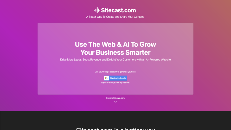 Instant Websites Powered by AI | Sitecast.com site's screenshot