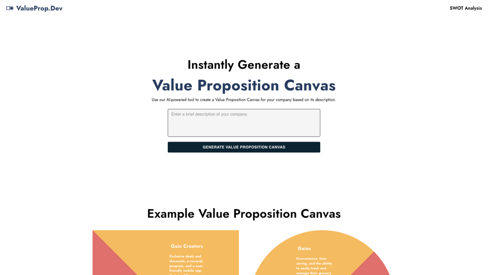 AI Value Proposition Canvas Generator site's screenshot