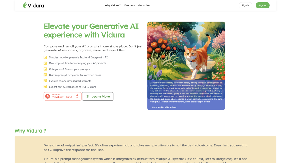 Vidura - Prompt Manager for Generative AI site's screenshot